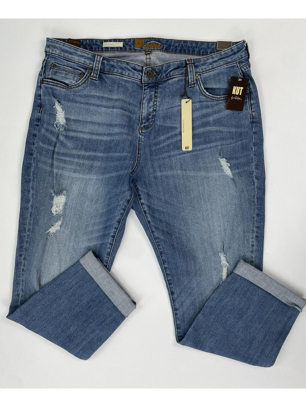 NWT KUT from the Kloth Jeans Distressed Blue Cuffed Katy Boyfriend Plus 18W